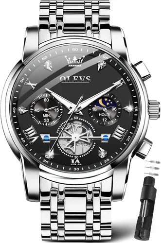 Miniatura 10 de OLEVS Relojes para hombre de plata, reloj de cronógrafo de acero inoxidable para hombre, reloj analógico de cuarzo de cara grande para hombre
