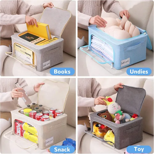 Miniatura 6 de CYhom Caja de almacenamiento de ropa, juego organizador plegable de tela de lino con ventana transparente, asas de transporte y marco de metal, 2