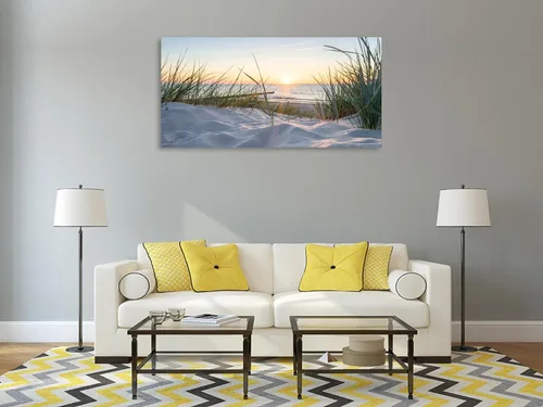 Miniatura 3 de Lienzo de playa al atardecer para pared, dunas de arena costeras con imagen de hierba de playa, paisaje natural del océano, arte moderno de paisaje