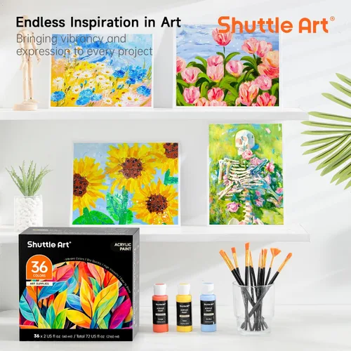 Miniatura 8 de Shuttle Art Juego de pintura acrílica, 36 colores de pintura acrílica con pinceles y paleta, botellas de 2 oz/2.0 fl oz, pigmentos ricos no tóxicos