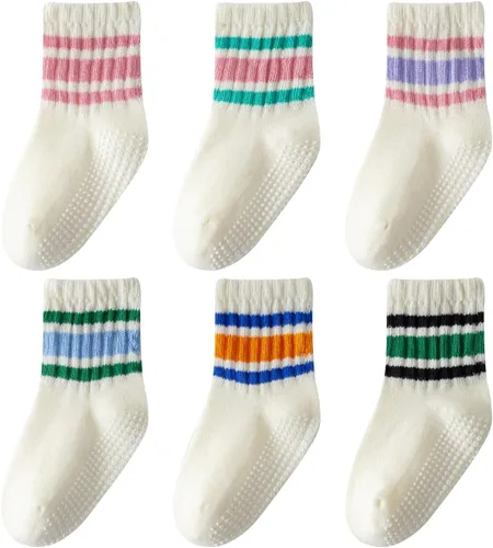 Miniatura 8 de Calcetines de agarre para niños pequeños, antideslizantes, unisex, con rayas retro sin costuras, calcetines de algodón para niñas y niños, 6 pares