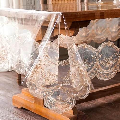 Miniatura 12 de ARTABLE Mantel rectangular de vinilo de PVC, impermeable, transparente, con borde de macramé de encaje champán, para boda, cocina, hogar
