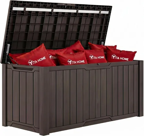 Miniatura 7 de YITAHOME Caja grande de cubierta de 120 galones con parte delantera en forma de X, cajas de almacenamiento de resina para exteriores, banco de Topo