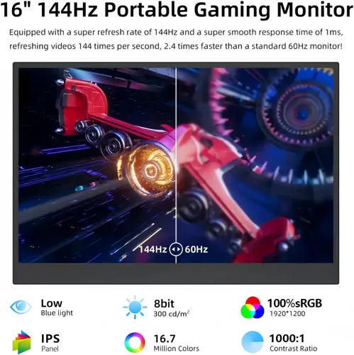 Miniatura 2 de Monitor portátil para juegos de 16 pulgadas 144Hz 1200P FHD IPS, USB-C HDMI, segunda pantalla ultrafina para portátil Switch PS5 Xbox, monitor