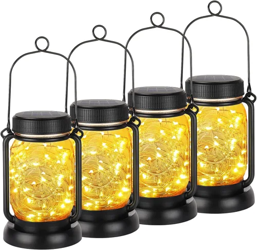 Mlambert Paquete de 4 linternas colgantes solares con estacas, luces de cuerda de hadas solares impermeables para exteriores en frasco Mason, Blanco