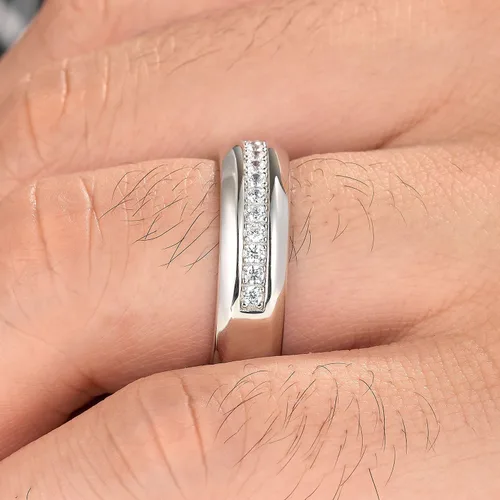 Miniatura 5 de Anillo de boda de oro blanco para hombre, plata de ley 925 con 13 circonitas cúbicas de corte redondo, anillo de compromiso para él, talla 7-14