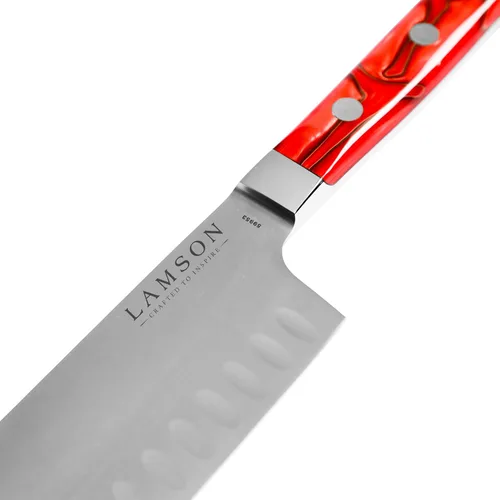 Miniatura 2 de Lamson Cuchillo Santoku de mango de fuego forjado Premier de 7 "con borde Kullenschliff (festoneado)