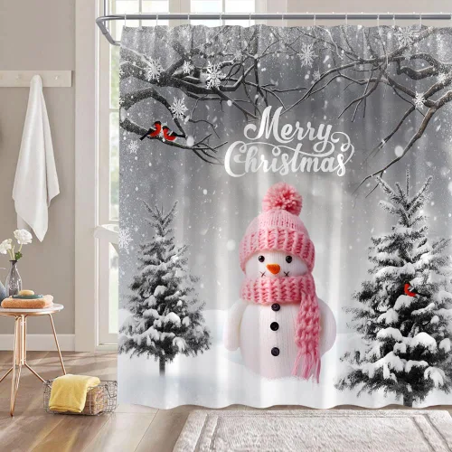 Miniatura 2 de Cortina de ducha de Navidad, muñeco de nieve rosa, rama de árbol, copo de nieve, vacaciones de invierno, paisajes naturales, cortina rústica gris