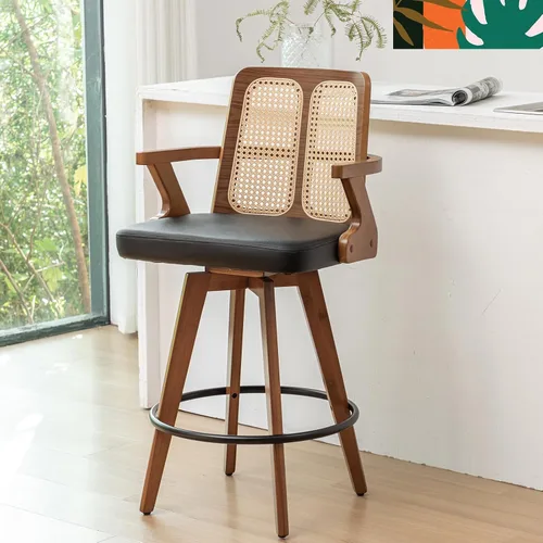 Miniatura 24 de Juego de 2 Taburetes de Mostrador - Taburetes Giratorios de 27 Pulgadas con Respaldo de Ratán, Brazos Curvos, Asiento Tapizado, Patas de Bambú Nogal