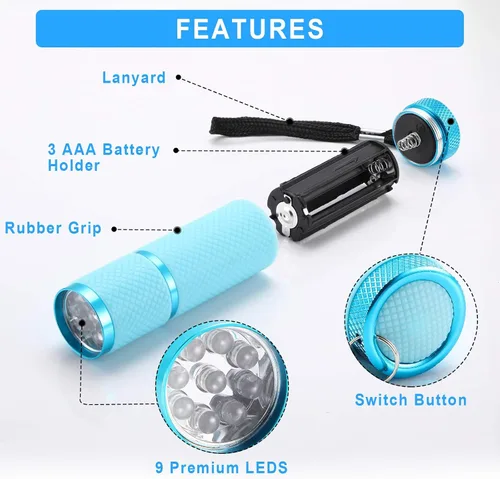 Miniatura 5 de Mudder Juego de 4 linternas que brillan en la oscuridad, 9 mini linternas LED recubiertas de goma con asa, linterna portátil LED de aluminio