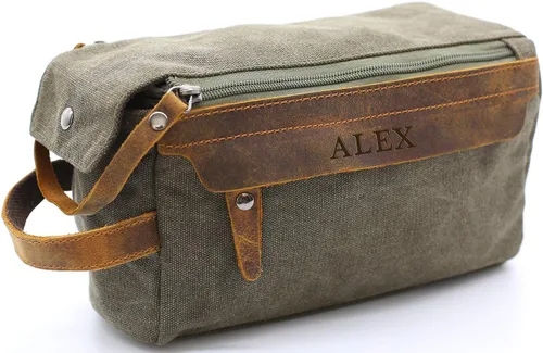 Flow.month Neceser personalizado para hombres y mujeres – Kit de afeitado de viaje, kit de Dopp en cuero de caballo loco o lona, ideal para regalos,