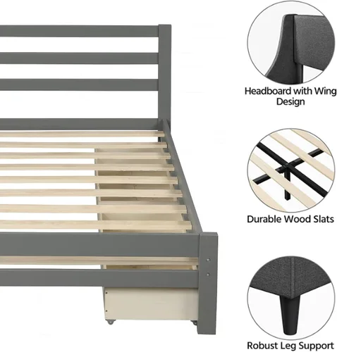 Miniatura 7 de Cama de plataforma de madera de tamaño individual con 2 cajones, marco de cama de plataforma moderna con cajón de almacenamiento, muebles