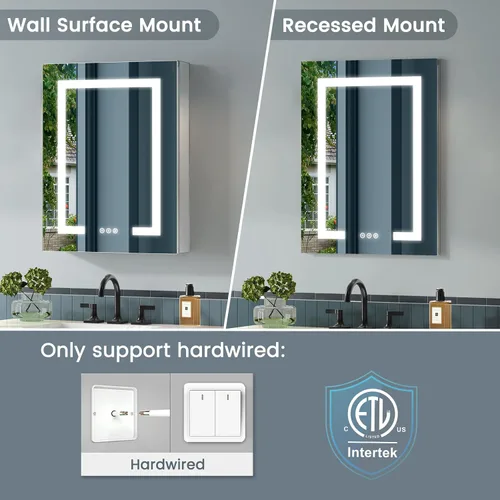 Miniatura 6 de Botiquín con luces, 16 x 24 pulgadas, solo cableado, antivaho, 3 colores/regulable, aleación AL, 2 salidas y USB, certificación ETL, montaje