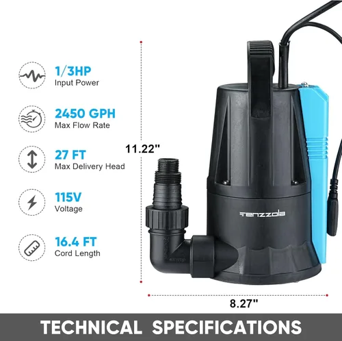 Miniatura 2 de Bomba de sumidero, bomba de agua sumergible automática de 1/3 HP 1850 GPH, bomba de eliminación de agua eléctrica portátil de bajo nivel