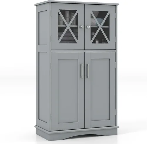 Giantex Armario de almacenamiento de piso de baño, gabinete de piso de lino con puertas y estantes ajustables, organizador de almacenamiento lateral