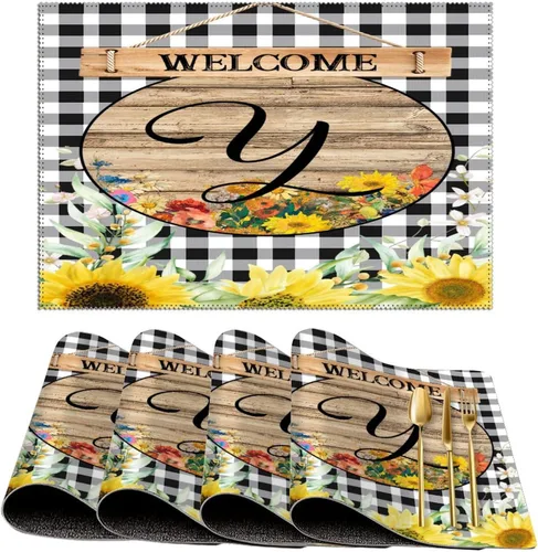Miniatura 56 de Manteles individuales de bienvenida con diseño de girasol vintage con bandera R con inicial, 1 unidad, estilo granja, para mesa de comedor, cocina