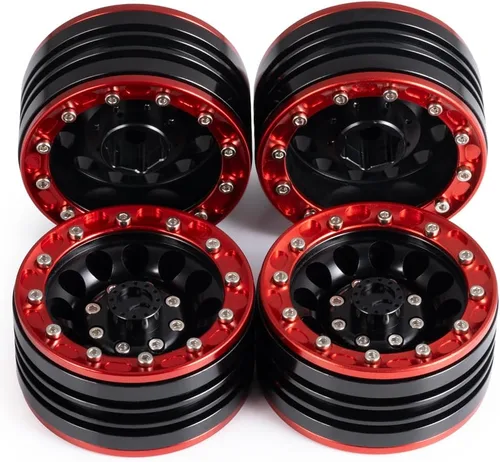 MOHERO Llantas de aleación Beadlock de 1/10 de 1.9 pulgadas para RC Cralwer Axial SCX10 CC01 D90, paquete de 4 (rojo y negro)