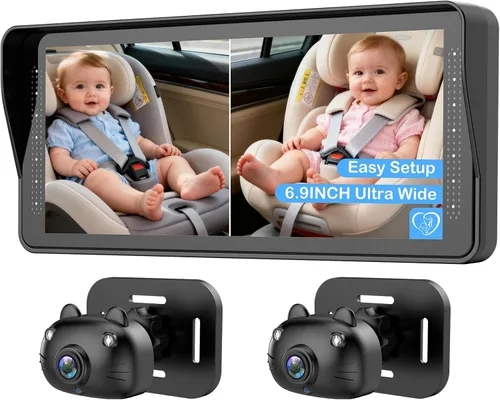 Cámara dual de coche para bebé para 2 niños, pantalla dividida de 6.9 pulgadas, pantalla ultra ancha HD con dos cámaras, fácil configuración,