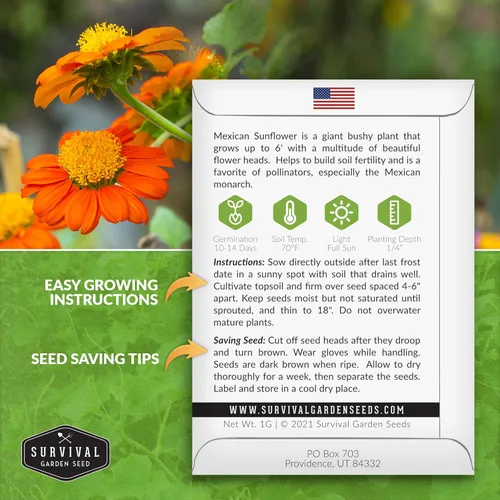 Miniatura 2 de Survival Garden Seeds - Semilla de girasol mexicano para plantar - Paquete con instrucciones para plantar y cultivar Tithonia Rotundifolia en tu