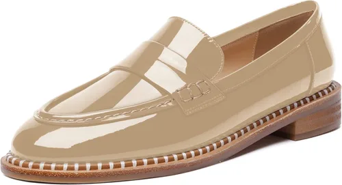 FOGEENA Mocasines de tacón bajo para mujer, estilo casual, puntera redonda, de charol grueso, de 1 pulgada