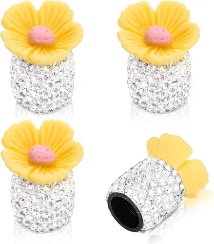 Paquete de 4 tapones de válvula de neumático de automóvil con diamantes de imitación de cristal, flor de Sakura, a prueba de polvo, accesorios