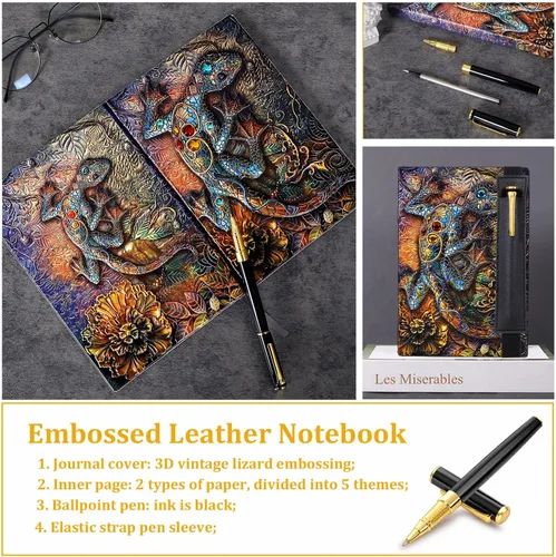 Miniatura 4 de FEIDIAO Cuaderno de Cuero con Relieve de Lagarto Vintage, Cuaderno DND, Diario de Viaje con Bolígrafo y Funda para Bolígrafo, Diario de Cuero PU