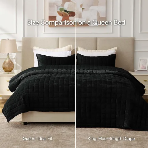 Miniatura 6 de BEDELITE Juego de edredón de terciopelo tamaño Queen – Juego de ropa de cama de terciopelo de lujo de 3 piezas, suave y acogedor color negro, colcha