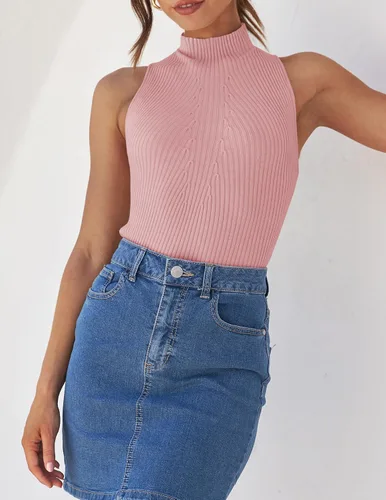 Miniatura 7 de ZESICA Camisetas sin mangas de verano para mujer, cuello de tortuga, de punto acanalado, ajustadas, básicas, casuales