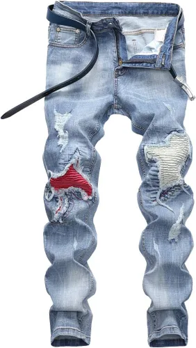 Chowsir Jeans de motociclista ajustados vintage para hombre, elásticos, rasgados, con parches rectos