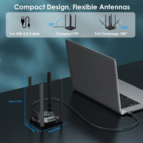 Miniatura 8 de Adaptador WiFi USB para PC de escritorio, WAVLINK Tri-Band BE6500 WiFi 7 adaptador con antenas de alta ganancia de 2.4 GHz/5 GHz/6 GHz, WPA3, MLO