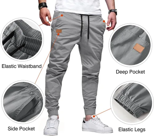 Miniatura 2 de JMIERR Pantalones cargo de sarga para hombre, estilo casual, de algodón, con cordón, clásicos, chinos, elásticos, pantalones de senderismo con 6