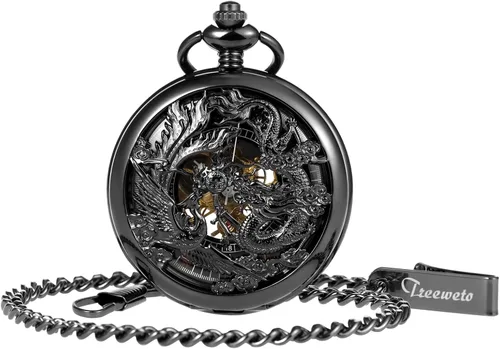 Reloj de bolsillo mecánico de esqueleto para hombre, diseño de dragón fénix, caja negra con cadena + caja de regalo para hombre, Negro -, Mecánico
