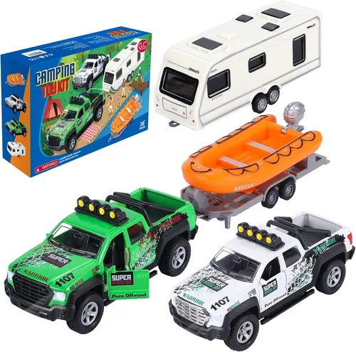 G.C 4 Pack de juguetes de camiones de remolque para niños, juguetes de camping, barcos, camiones de metal fundido, vehículos 1:36, juguetes de autos