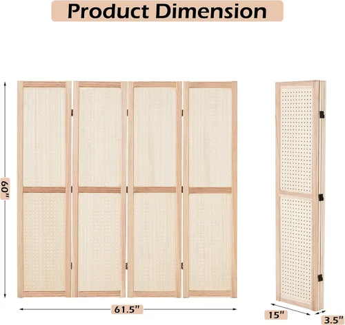 Miniatura 3 de Tablero de clavijas plegable de 4 paneles de 5 pies, divisor de habitación de madera, portátil, independiente, organizador para espectáculos