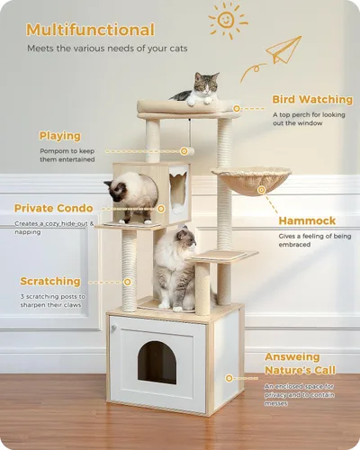 Miniatura 2 de PETEPELA Árbol para gatos de 56.7 pulgadas con caja de arena, torre grande de madera para gatos de interior con armario de almacenamiento y acogedor