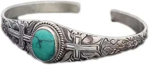 Caiyao Pulsera de piedra natural de colores vintage grabada turquesa con brazalete abierto ajustable, pulsera de piedras preciosas bohemias, joyería