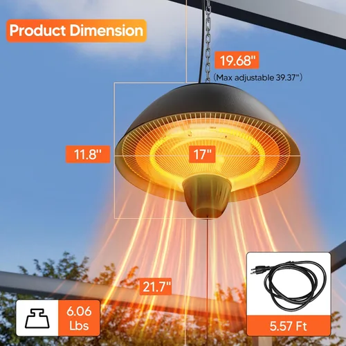 Miniatura 3 de Calentador eléctrico para exteriores, calentador de patio infrarrojo colgante de 1500 W para uso al aire libre, calentador eléctrico impermeable