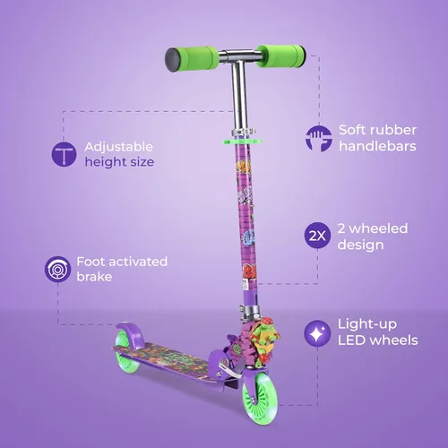 Miniatura 2 de TMNT - Patinete de patada de 2 ruedas con ruedas que se iluminan – Plegable, plataforma antideslizante, paseo cómodo y suave
