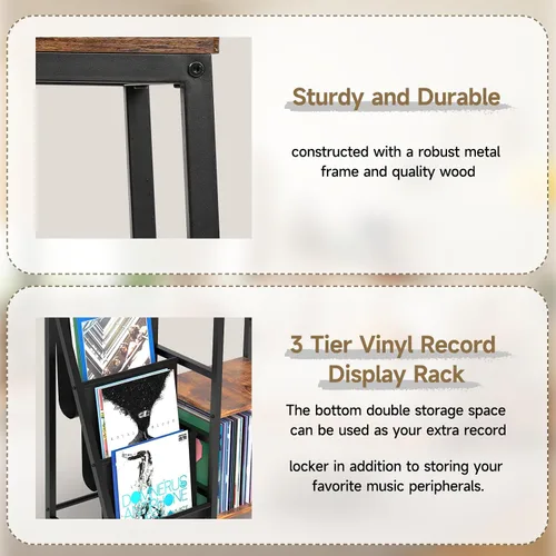 Miniatura 6 de Coco Bird - Soporte para tocadiscos de vinilo con almacenamiento de 3 niveles, estante de exhibición para tocadiscos para 200 álbumes, mesa