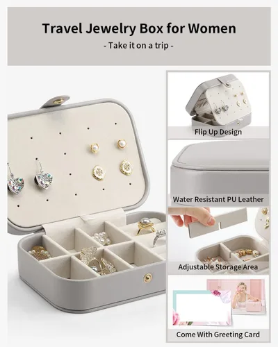 Miniatura 3 de Vlando Joyero pequeño, organizador de joyas de viaje para aretes, collar, anillo, organizador de joyas de viaje portátil de doble capa para mujeres
