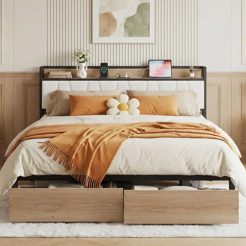 Miniatura 16 de LIKIMIO Base de cama tamaño King, cabecera de almacenamiento con estación de carga, cama de plataforma con cajones, no necesita somier, fácil Marrón