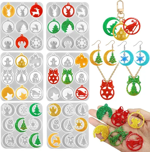 Miniatura 16 de Paquete de 5 moldes de resina para aretes, moldes de joyería de resina, moldes de silicona para colgantes de Navidad, varias formas, árbol de 5