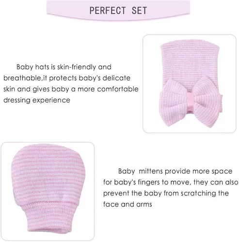 Miniatura 4 de Gorras y manoplas para recién nacidos, gorro de hospital para recién nacidos, guantes antiarañazos, set de regalo para niños y niñas