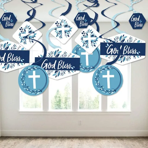 Miniatura 3 de Big Dot of Happiness Blue Elegant Cross - Decoración para colgar en fiestas religiosas para niños, remolinos de decoración de fiesta, juego de 40
