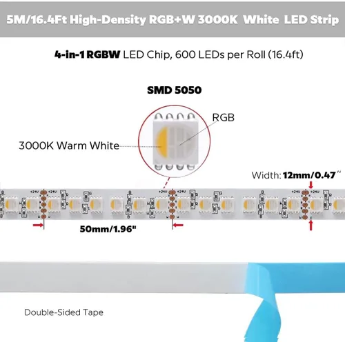 Miniatura 2 de Tira de luz LED RGBW de 24 voltios más brillante RGBW de alto CRI RGB+blanco cálido, 16.4 ft/16.4 pies denso 600 LED de alto lumen 5050 0.472 in