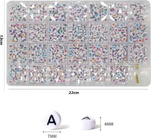 Miniatura 2 de 1400 piezas de cuentas acrílicas redondas blancas de letras del alfabeto de 4x7mm con patrón de corazón A-Z y línea de cristal para hacer joyas