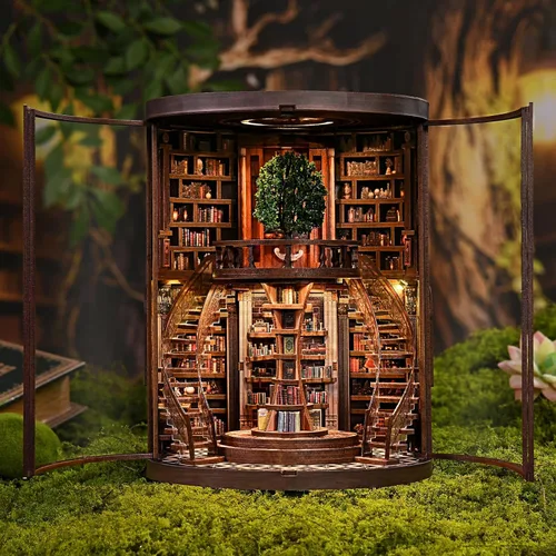 Miniatura 2 de Kit de rincón de libros en miniatura, rompecabezas de madera 3D, decoración de estantería de biblioteca con luces LED, modelo de casa pequeña