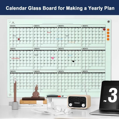 Miniatura 9 de TSJ OFFICE - Pizarrón de cristal calendario - 48 x 36 pulgadas, pizarra de borrado en seco para montar en la pared, planificador anual grande