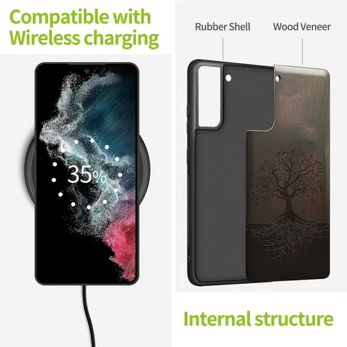 Miniatura 4 de Carveit Funda de madera para Galaxy S22 [madera real dura y TPU suave] a prueba de golpes, funda protectora híbrida única y elegante, diseño