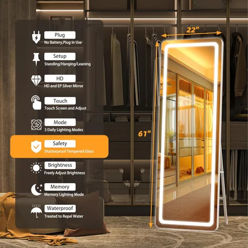 Miniatura 2 de Hasipu Espejo de longitud completa con luces, espejo de piso LED de 61" x 22", espejo de cuerpo entero para vestirse, espejo montado en la pared